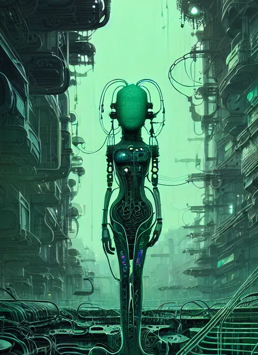 Image similar to highly detailed portrait of a biopunk long curly white hair tribal lady, stray wiring by atey ghailan, james gilleard, by joe fenton, by greg rutkowski, by greg tocchini, by kaethe butcher, 4 k resolution, gradient green, black and white color scheme!!! ( ( green caustic robotic dystopian city background ) )