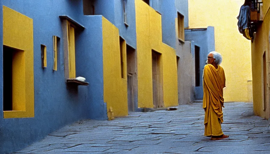 Prompt: 1 9 7 0 s movie still by akira kurosawa of old socrates in blue drapery in a yellow neoclassical street with collums, cinestill 8 0 0 t 3 5 mm, high quality, heavy grain, high detail, panoramic, ultra wide lens, cinematic composition, dramatic light, anamorphic, piranesi style, etienne - louis boullee style