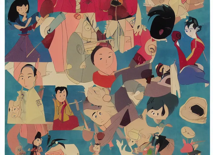 Prompt: experimental character exploration mixed media collage reference sheet layout from masaaki yuasa's mulan ( 1 9 9 7 )