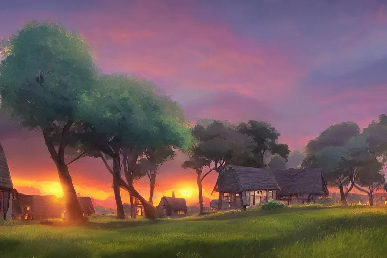 Image similar to sunset over the cottages in the shire, ghibli, artstation, award wining, rutkowski, shinkai