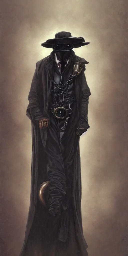 Prompt: portrait from the waist up of man in black trench coat, a steam punk plague doctor mask and a black top hat, highly detailed, artstation, concept art, by krenz cushart and donato giancola and william adolph bouguereau and alphonse mucha,