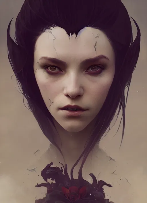 Image similar to highly detailed vfx portrait of a vampire witch, unreal engine, greg rutkowski, only, once, people, makoto shinkai and louis van baerle, ilya kuvshinov, rossdraws, tom bagshaw, alphonse mucha, dynamic lighting, detailed and complex environment