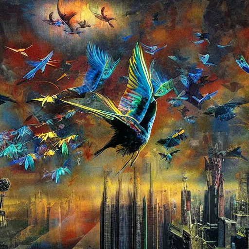 Image similar to iridescent colorful digital birds fly over a progressively rasterized city into virtuality, oil on canvas by dave mckean and ivan shishkin