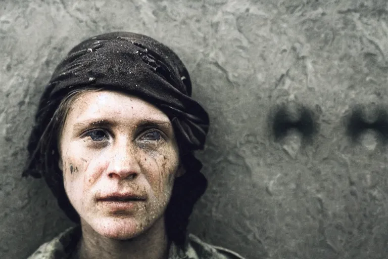 Image similar to a closeup cinematic!! headshot photograph!! of a beautiful female homeless war veteran, stood in a tunnel, rain, dirt, film still, cinematic lighting, by bill henson