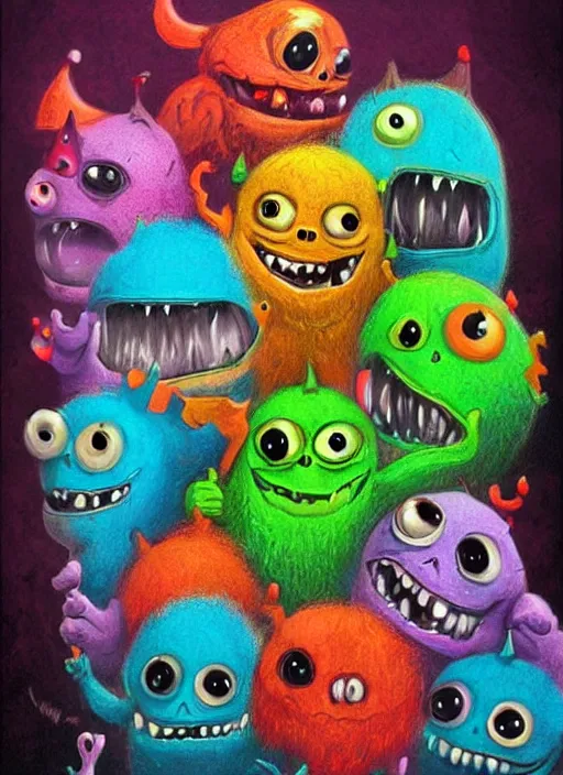 Image similar to cute baby monsters, colorful, digital art, fantasy, magic, trending on artstation, ultra detailed, professional illustration,chalk, poster artwork by Basil Gogos , clean