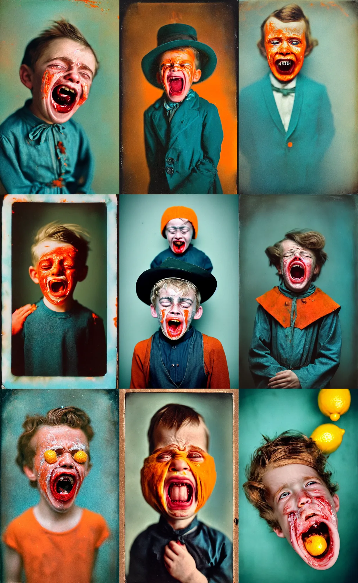 Image similar to kodak portra 4 0 0, wetplate, 8 k, shot of a highly detailed, britt marling style, colour still - life portrait of a lemon looks like a handsome screaming 8 year old crying boy in a dangerous snow hell fire storm, dracula teeth, 1 9 2 0 s cloth, 1 9 2 0 s hair, teal and orange, muted coloures