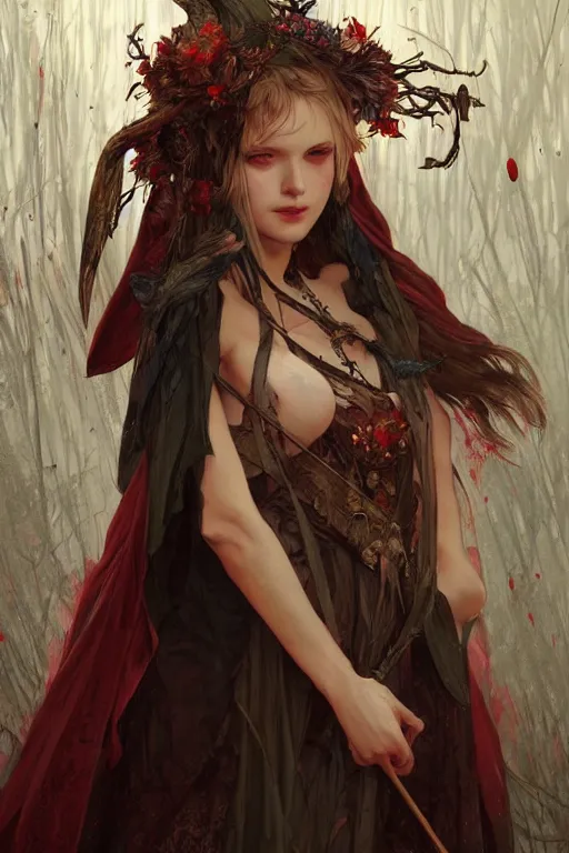 Prompt: beautiful ancient witch in makeshift animal bow cape, blood rain on background, highly detailed, digital painting, artstation, sharp focus, illustration, art by tan zi and ayanamikodon and alphonse mucha and wlop