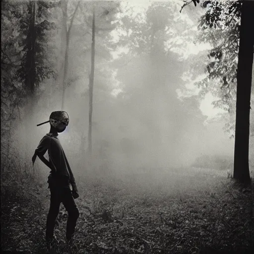 Image similar to teenage boy with skull mask, smoke around him, forest, by sally mann