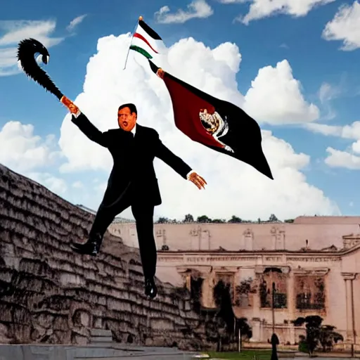 Image similar to epic scenery of the president of México fighting a dragon in the style of Dalí