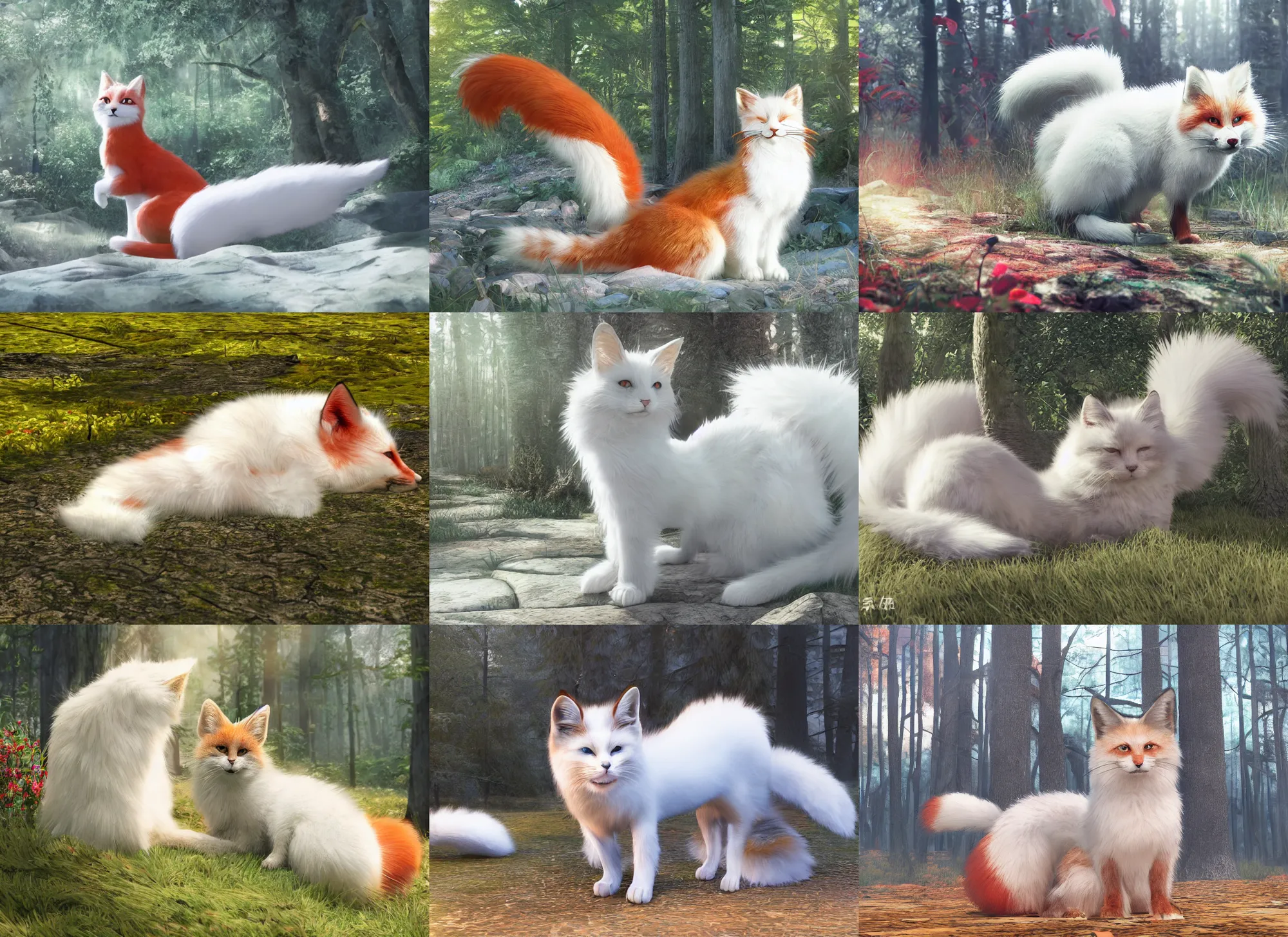 Prompt: white cat with fluffy red tail like fox tail lying at sunny forest, high detailed, hyper realistic, octane engine, anime illustration, miyazaki, ray tracing