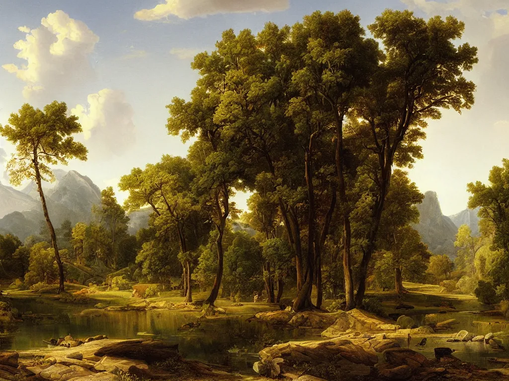 Prompt: a beautiful landscape painting by asher brown durand, trending on arstation