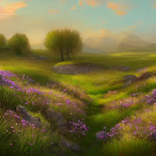 Prompt: a matte painting of a european prairie, patchy flowers and rocks, oil painting, pale colors, high detail, 8 k, wide angle, trending on artstation,