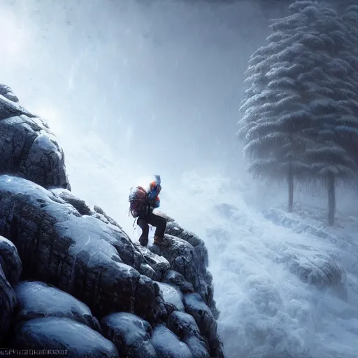 Image similar to climber, extreme cold, storm, octane rendering, volumetric lightning, hyperrealism, no blur, 4 k resolution, ultra detailed, style of ivan shishkin, tyler edlin, anato finnstark