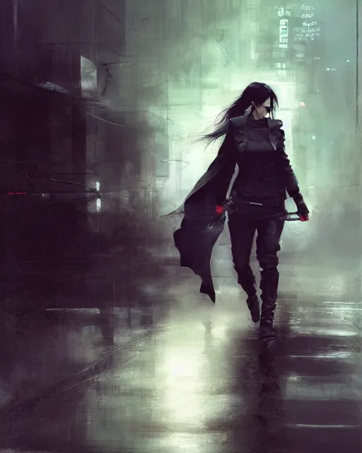 Prompt: battle hardened, overpowering, pragmatic, charismatic female characters from the matrix, face centered portrait, confident, modern cityscape, outdoors, architecture, fog, rain, volumetric lighting, illustration, perfectly shaded, greenish tinge, cold lights soft painting, art by krenz cushart and wenjun lin