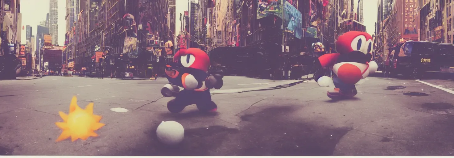 Image similar to Polaroid Photo of Kirby from super smash bros on the street in New York City