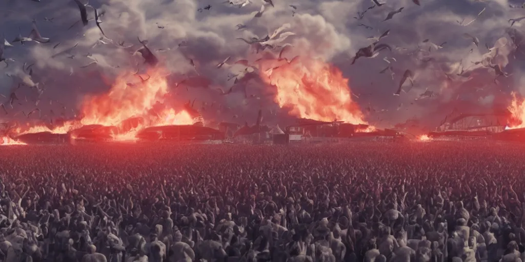 Prompt: realistic cinematic views of a orwellian propaganda festival with fires in the background and dead seagulls falling from the sky in front of the main stage worshipping a large statue of kim kardashian, hyper detailed, terror glows, hyper realistic, digital painting, 8 k, 3 5 mm film grain, octane render