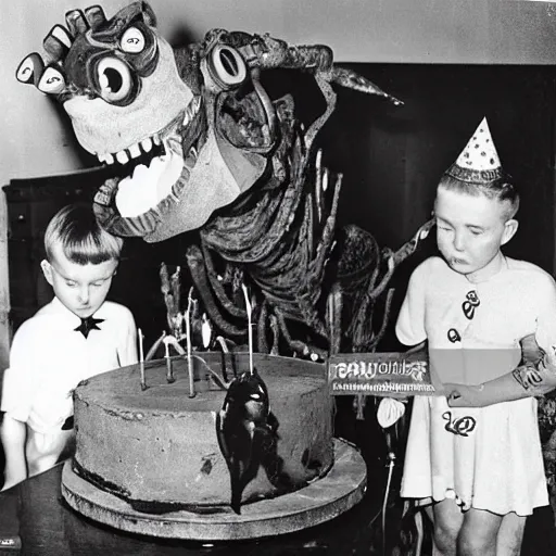 Image similar to 1 9 5 0's photograph of eerie animatronic animal at birthday party