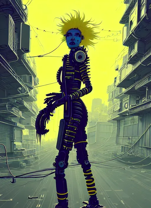 Image similar to highly detailed portrait of wasteland punk long curly bright yellow and white plasma electricity hair tribal lady, stray electric spark wiring by atey ghailan, james gilleard, by joe fenton, by greg rutkowski, by greg tocchini, by kaethe butcher, 4 k resolution, gradient yellow, black and white color scheme!!! ( ( lightning cloudy robotic dystopian city background ) )