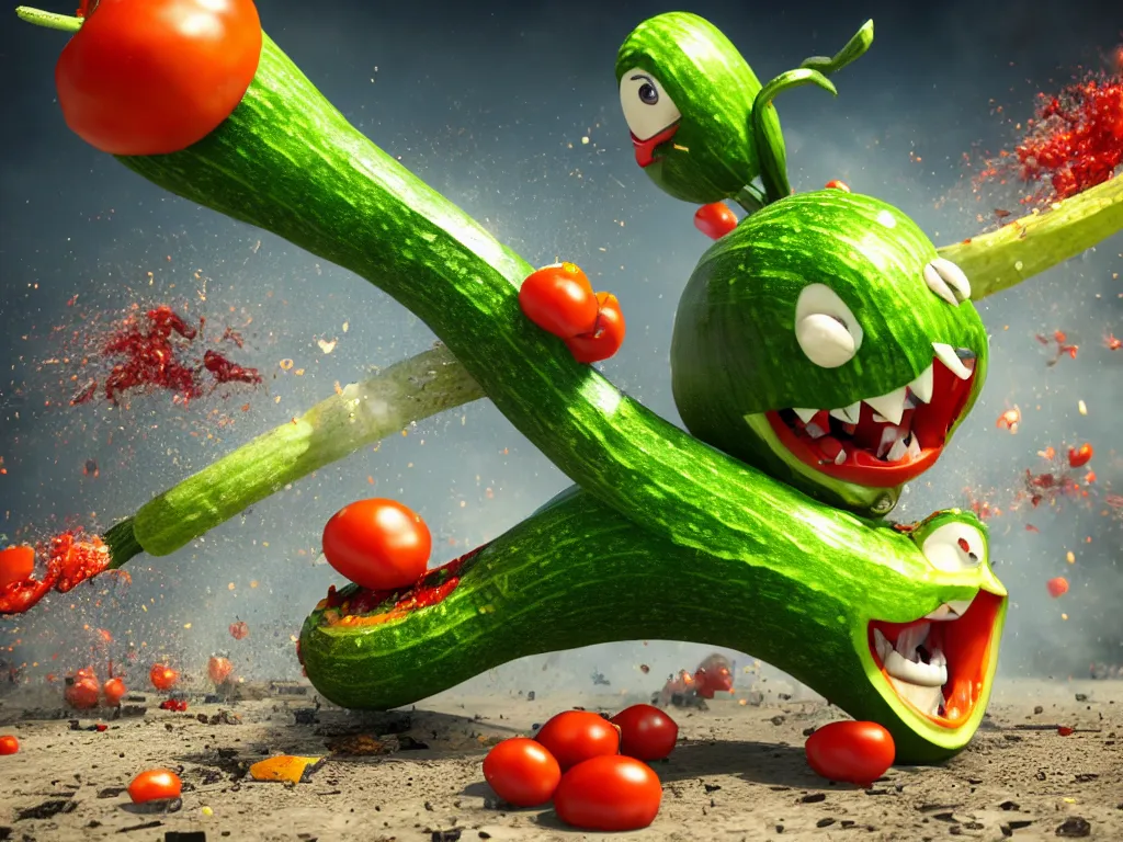 Image similar to highly detailed 3 d render of a raging mad angry zucchini character, burning scissors flying, dirt road, scared tomates scattered everywhere, high speed action, explosions, dramatic scene, hyper realistic octane render, cinematic lighting, tomato splatter, deviantart, black sky, lowbrow, surrealism, pixar influenced, mayhem