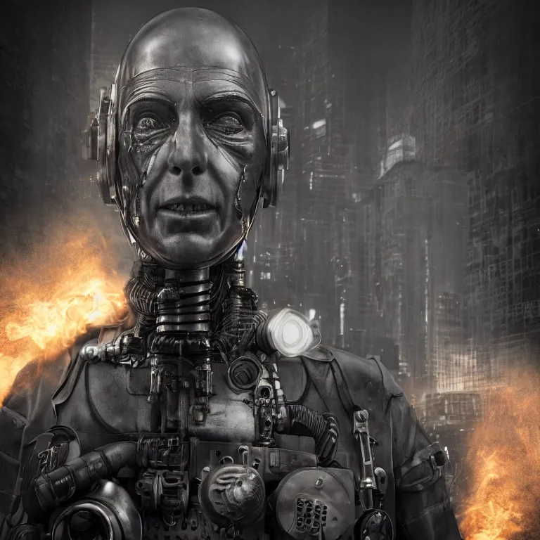 Image similar to octane render portrait by wayne barlow and carlo crivelli and glenn fabry, subjectis a dieselpunk dark futurisitc android butler spewing thick black smoke, inside a dystopian high - end capitol city, cinema 4 d, ray traced lighting, very short depth of field, bokeh