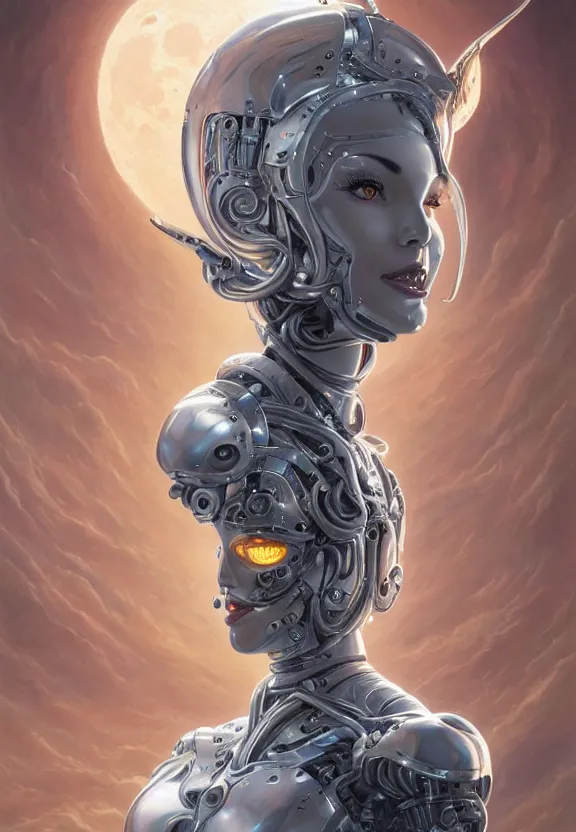 Prompt: perfectly centered portrait, front view of a biomechanical android alien robot moon goddess, female, flowing hair, intense stare, sweet smile, symmetrical, concept art, intricate detail, volumetric shadows and lighting, realistic oil painting by tim hildebrandt and greg rutkowski,