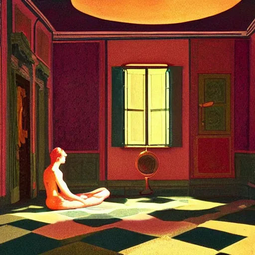 Image similar to a goddess in a liminal room, film still by wes anderson, depicted by leon battista alberti, limited color palette, very intricate, art nouveau, highly detailed, lights by hopper, soft pastel colors, minimalist