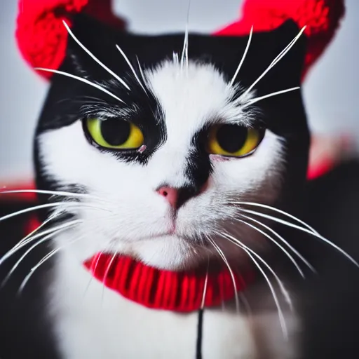 Prompt: a cute black and white cat wearing a red ski mask beanie over its face with black ski goggles, photorealistic