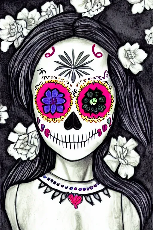 Prompt: illustration of a sugar skull day of the dead girl, art by doug johnson