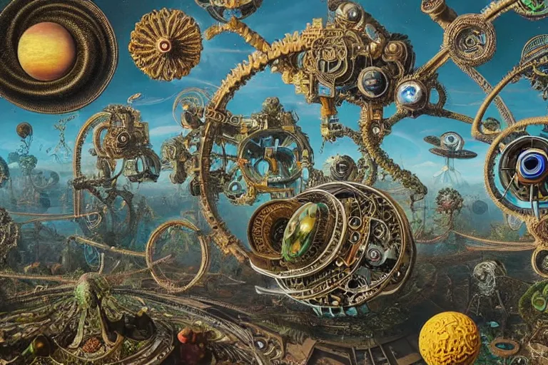 Image similar to a surreal and awe - inspiring science fiction planet overrun with fidget spinners, intricate, ornate, highly detailed fidget spinners, matte painting by ernst haeckel and simon stalenhag