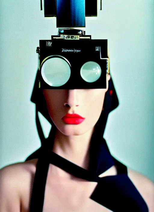 Prompt: fashion photo of a future haute couture, cyber, ultra high definition, ultra detailed, anamorphic lens, kodak ektachrome