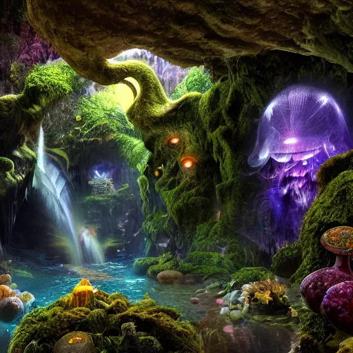 Image similar to mythical gigantic space cavern, ultra realist 3 d render curiosities carnival pond vegetation rocks mushrooms and tentacles covered moss, luminescent wisps, stunning waterfall, accurate features, focus, very intricate ultrafine details, random volumetric lighting, fog, award winning masterpiece, octane render 8 k hd, artstation, boris vallejo