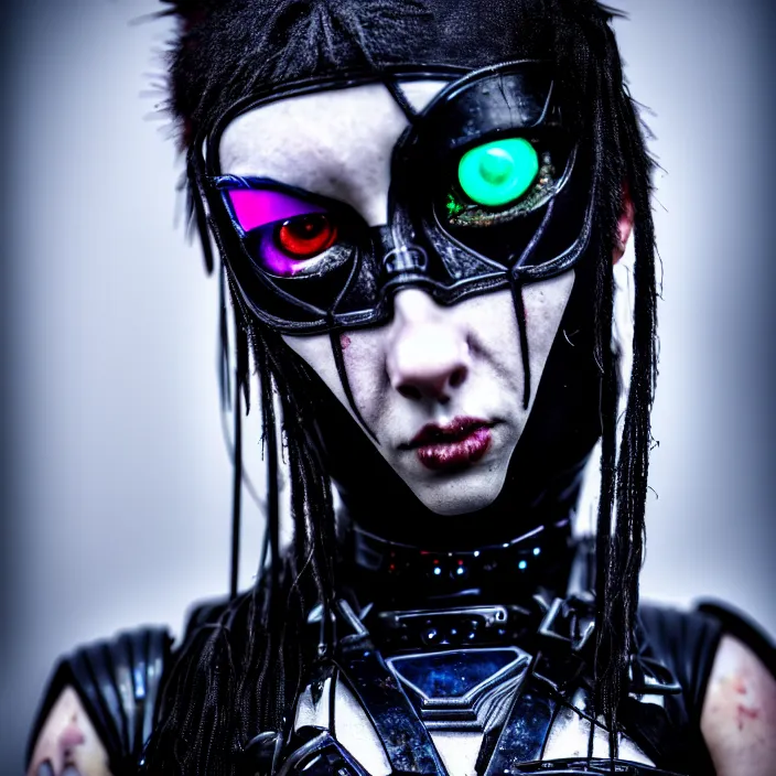 Prompt: photo of a real - life beautiful cybergoth warrior, 8 k, hdr, smooth, sharp focus, high resolution, award - winning photo