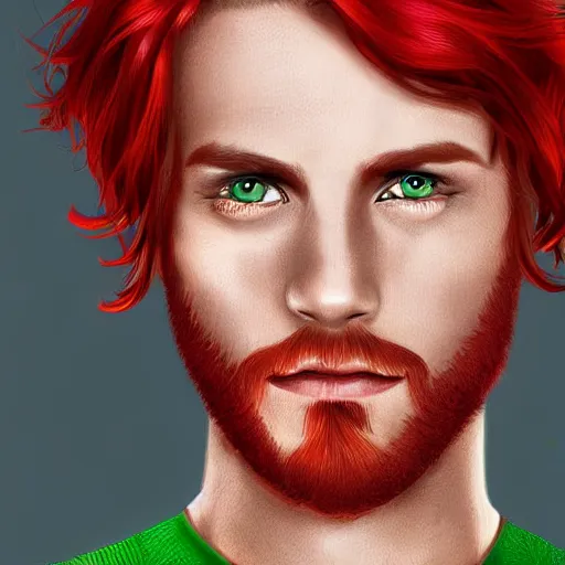 Prompt: professional digital art of a healthy man with red hair and green eyes, popular, attractive, high quality, highly detailed, hd, 4 k, 8 k,