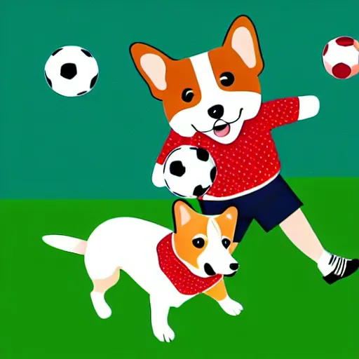 Image similar to illustration of french boy in paris playing football against a corgi who is wearing a polka dot scarf