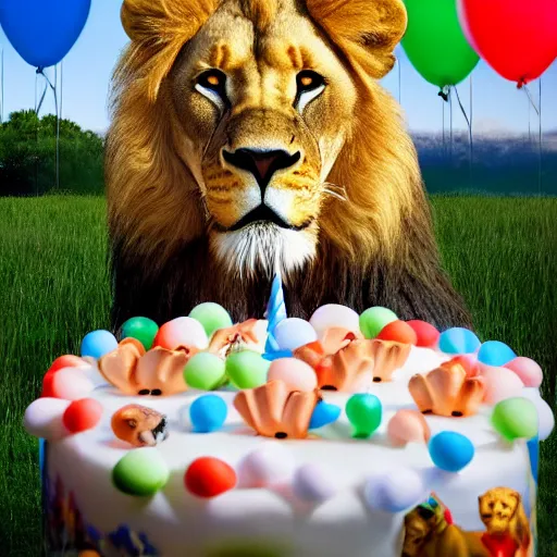 Prompt: award winning nature photography, a scenic picture of a birthday cake surrounded by lions. balloons are in the background. lion birthday party setting. extremely detailed lions. hyperrealistic, 8 k