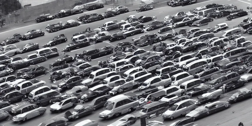 Image similar to an infinite convoy line of cars , extreme wide shot, infinite regression