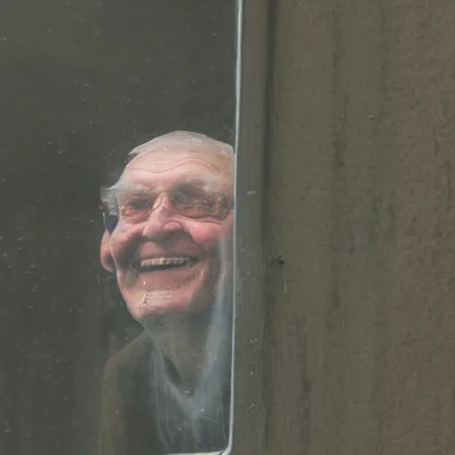 Image similar to a smiling old man seen through a dirty window