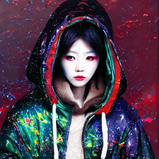 Prompt: photo realistic, high level of detail, high resolution, 3 5 mm lens : ( subject = korean top model + ( object = hoodie + object detail = high definition highly detailed baroque cyberpunk shamaness, varnished oil paint in bright colors on black background with small background color splatters, by katsuhiro otomo ) )