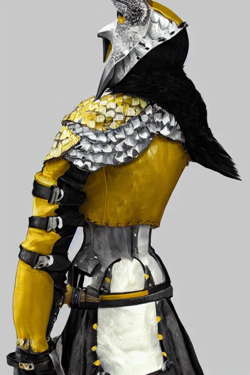 Image similar to female adventurer in tight full - body canary yellow gambeson leather armor of italian design with diamond pattern and black accents and a white porcelain crow mask, trending in artstation, establishing shot