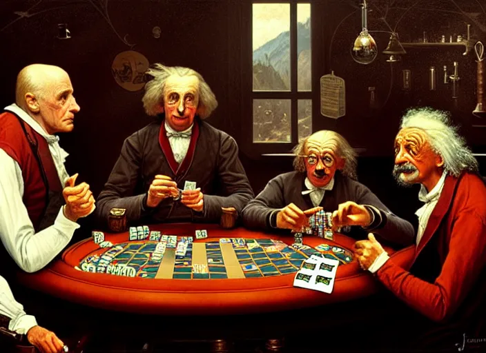 Image similar to isaac newton and stephen hawkins and albert einstein playing poker in an old west saloon, intricate, highly detailed, centered, digital painting, artstation, concept art, smooth, sharp focus, illustration, art by james gurney and norman rockwell and greg rutkowski