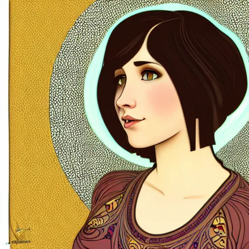 Image similar to chubby brunette woman with straight hair in a short bob, romanian heritage, brown eyes, no bangs, digital art, cartoon, 8k, illustration, art nouveau, Alphonse Mucha, trending on artstation, medium shot, head shot