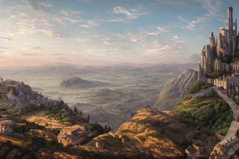 Image similar to an ultra detailed matte landscape painting of an extremely tall and strong young man with short brown hair standing on a cliff overlooking a medieval european capital built on top of many hills, italian renaissance architecture, ultrawide lense, aerial photography, 8 k, volumetric lighting, smooth, highly detailed, digital illustration, art by greg rutkowski and akira toriyama and artgerm