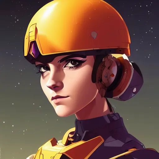 Prompt: a portrait of a stunning beautiful elite emma watson gundam pilot, with an intricate, detailed, urban inspired hiphop afro futuristic helmet, vector behance hd jesper ejsing, rhads, makoto shinkai, lois van baarle, ilya kuvshinov, rossdraws, hd, 3 2 k, ilya kuvshinov, gustav klimt