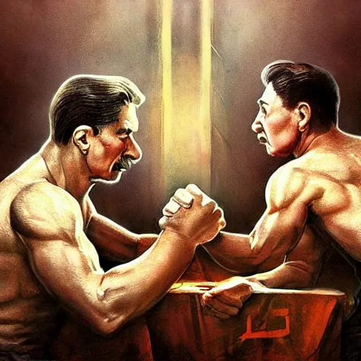 Image similar to picture of ( ( arm wrestling between young vladimit putin and old iosif stalin ) ) in apocalyptic russia, hyperrealistic, digital concept art,, caricature illustration, art by gaston bussiere