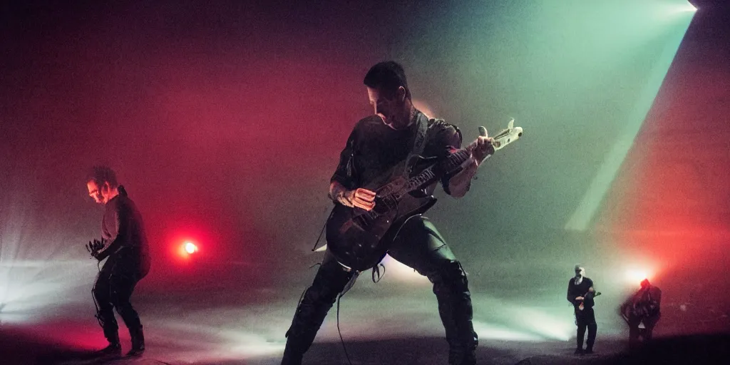 Image similar to dusty Trent Reznor smashing guitars, group of people on stage playing instruments, elaborate stage effects, dust, smoke, giant LED screens, colored projections, ultrafine detail, goth cybersuit, glowing thin wires, smoke, high contrast, projections, a screenshot by David Gilmour Blythe, holography, tesseract, volumetric lighting, anamorphic lens flare