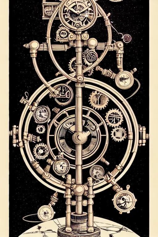 Prompt: a steampunk alchemists ancient balance scale, furniture, high details, bold line art, by vincent di fate and joe fenton, inking, etching, screen print, masterpiece, trending on artstation, sharp, high contrast, hyper - detailed,, hd, 4 k, 8 k