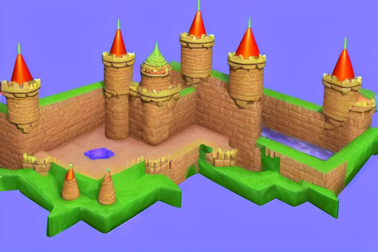 Prompt: Peach\'s Castle from Super Mario 64. Early 90s 3D render