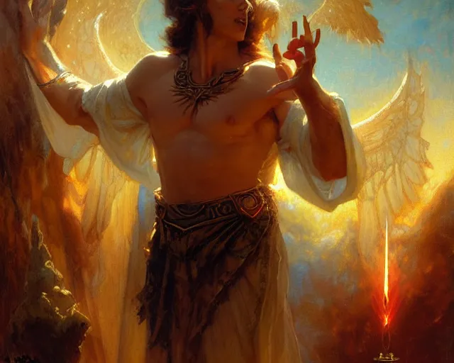 Image similar to attractive male deity, casting demonic magic, summoning handsome lucifer morning star. highly detailed painting by gaston bussiere, craig mullins, j. c. leyendecker 8 k