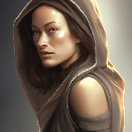 Image similar to full figure ultra realistic illustration, olivia wilde with light brown hair wearing a black hoodie, intricate, elegant, highly detailed, digital painting, artstation, concept art, smooth, sharp focus, illustration, art by artgerm and greg rutkowski and alphonse mucha