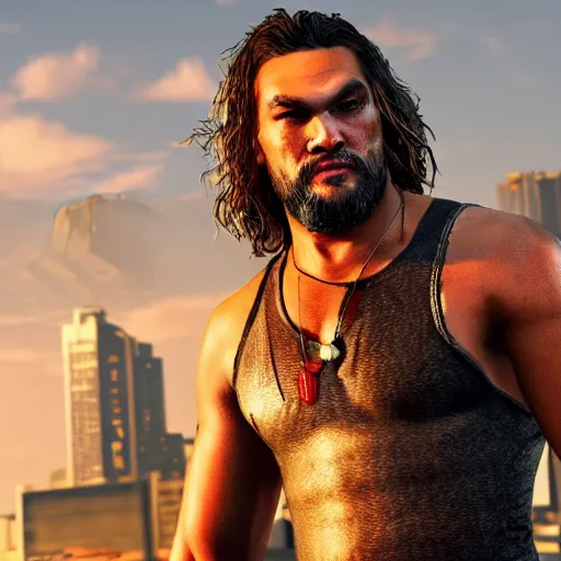 Prompt: Jason Momoa in Die Hard, style of GTA V, octane render